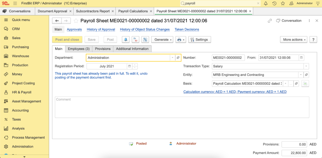 Payroll Calculation in FirstBit ERP