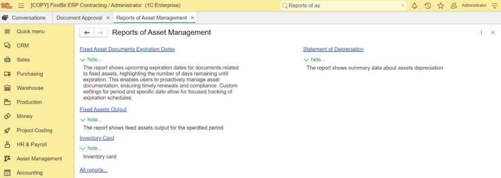 Reports of asset management in FirstBit ERP