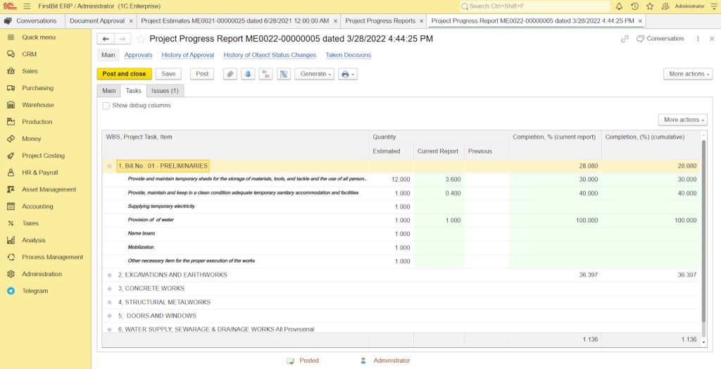 Project progress report with BOQ in FirstBit ERP