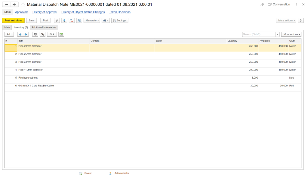 Material dispatch note in FirstBit ERP