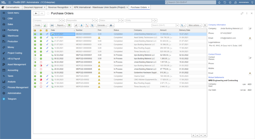 Purchase Orders tab in FirstBit ERP