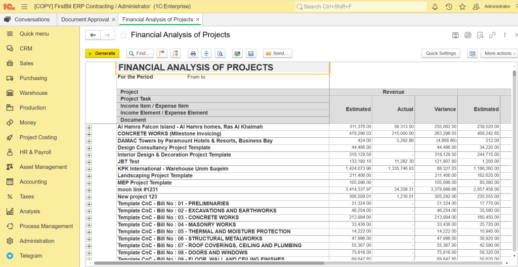 Financial Analysis of Projects in FirstBit ERP
