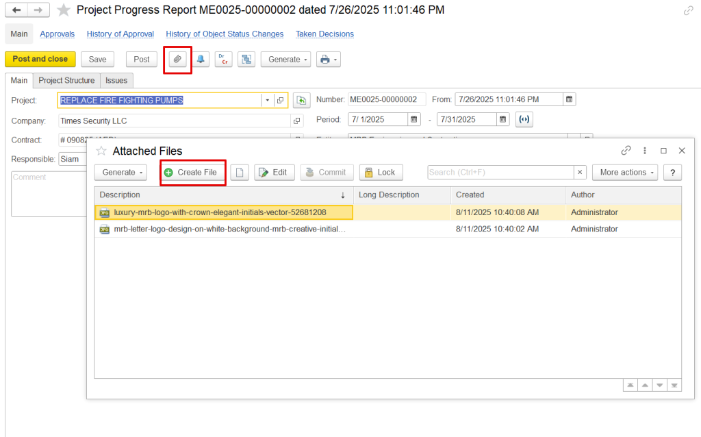Attaching files to the project progress report in FirstBit ERP Contracting