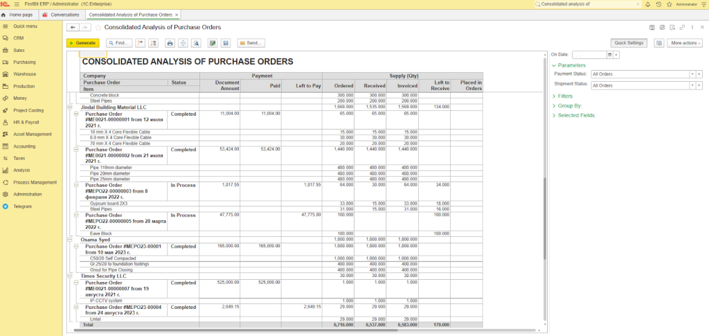 Consolidated analysis of purchase orders in FirstBit ERP
