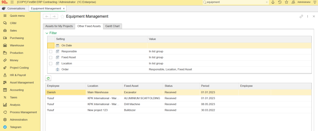 Equipment management in FirstBit ERP Contracting 