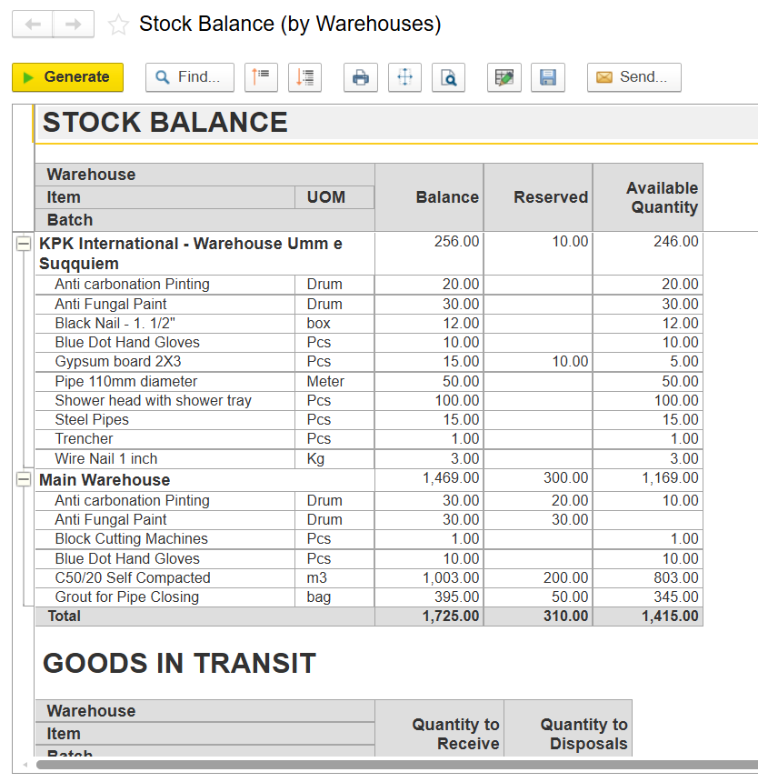 Stock balance in FirstBit ERP Contracting