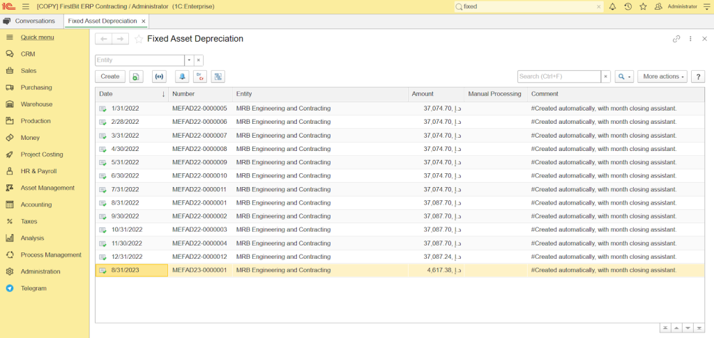 Fixed asset depreciation in FirstBit ERP