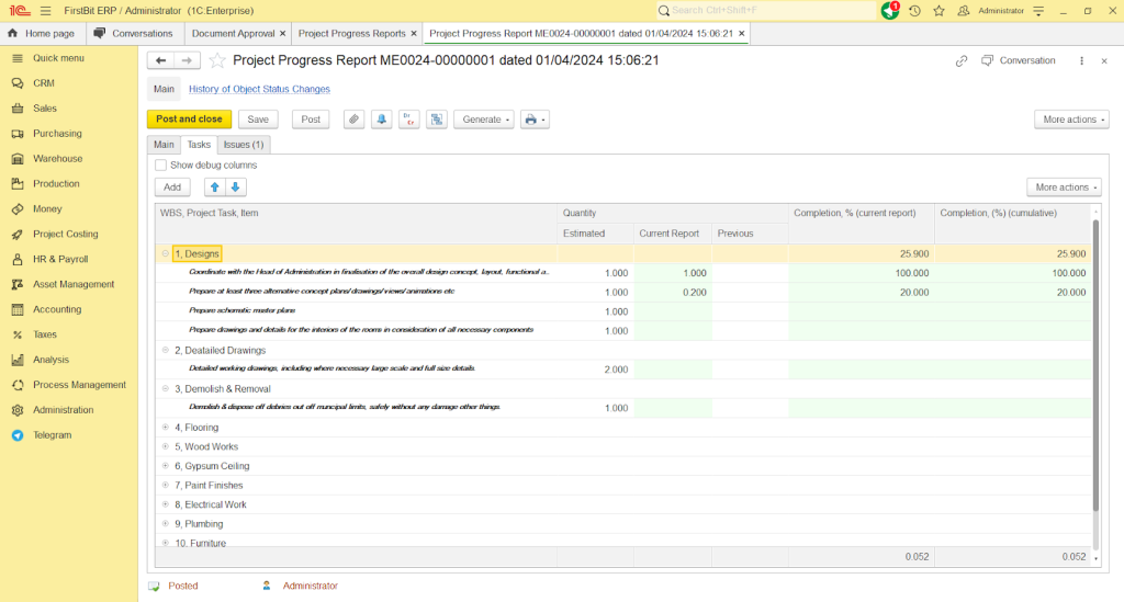 Project Progress Report in FirstBit ERP