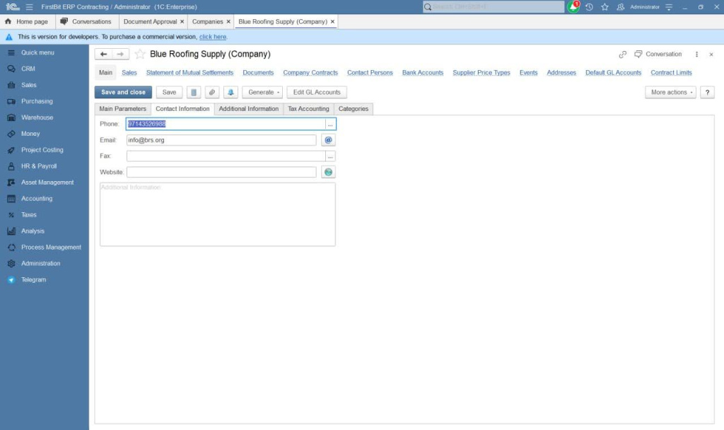The company’s contact information tab in FirstBit ERP