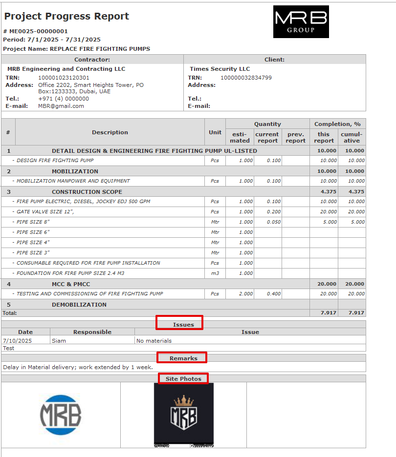 Example of the project progress report in FirstBit ERP Contracting