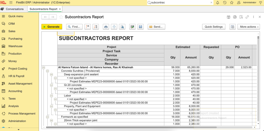 Subcontractors report in FirstBit ERP