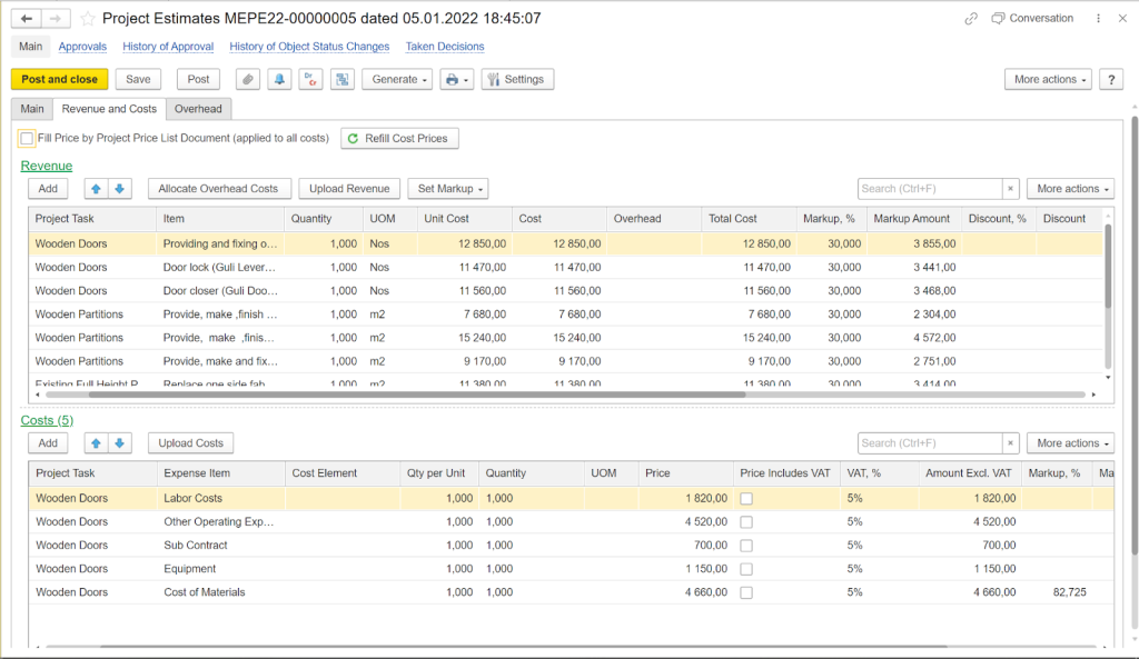 Project estimates tab in FirstBit ERP