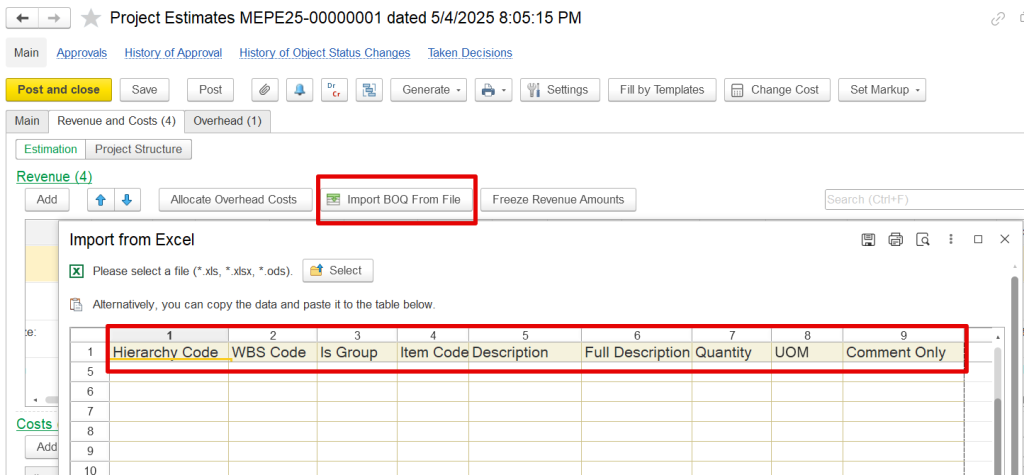 Import the BOQ from an Excel file in FirstBit ERP