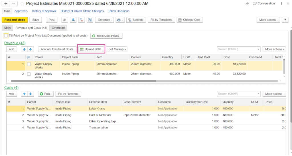 BOQ-based project estimation and cost breakdown in FirstBit ERP Contracting