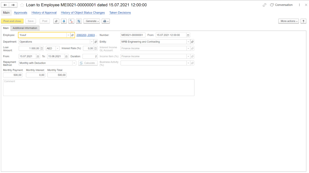 Employee loan recorded inside payroll in FirstBit