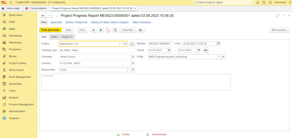 Project progress report in FirstBit ERP