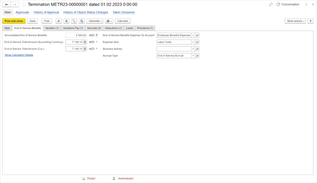 Final settlement calculation in FirstBit ERP
