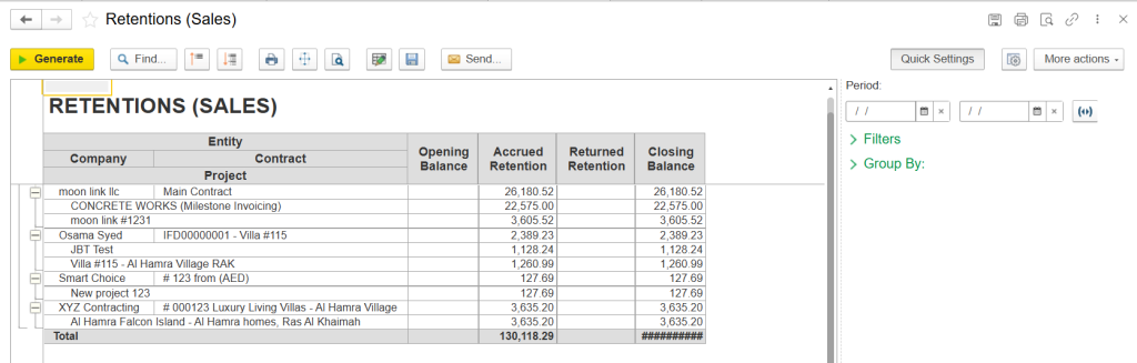 Retention tracking by project and contract in FirstBit ERP