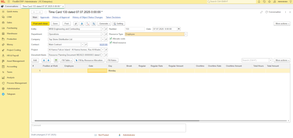 Timecard in FirstBit ERP