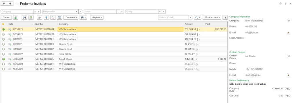 Proforma invoices in ERP