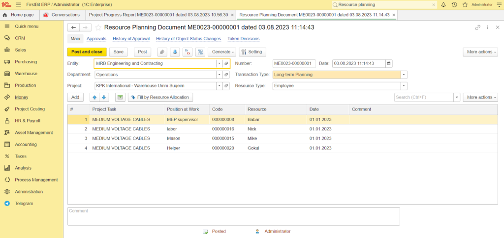 Resource planning in FirstBit ERP