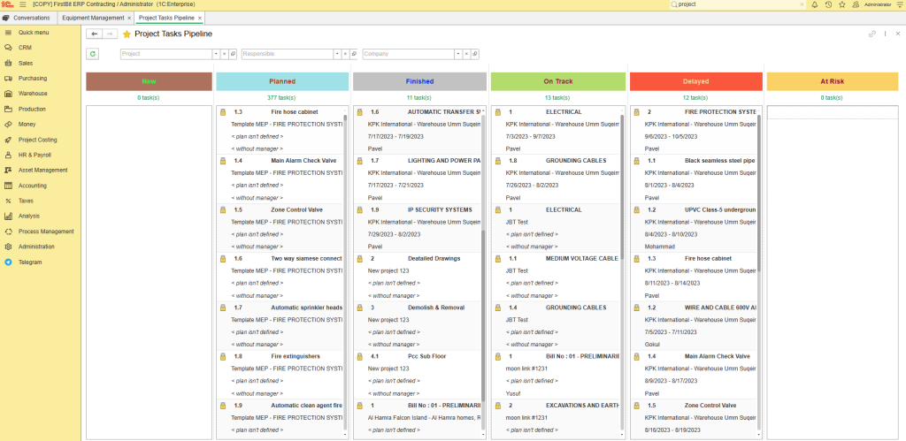 Project tasks pipeline in FirstBit ERP Contracting