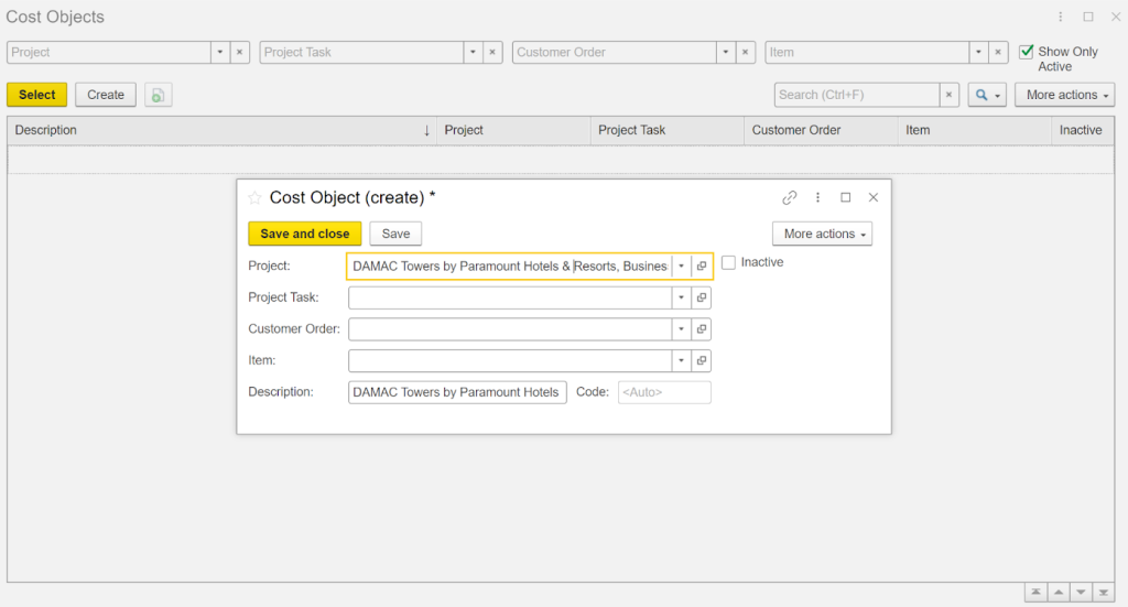 Cost Objects (create) in FirstBit ERP