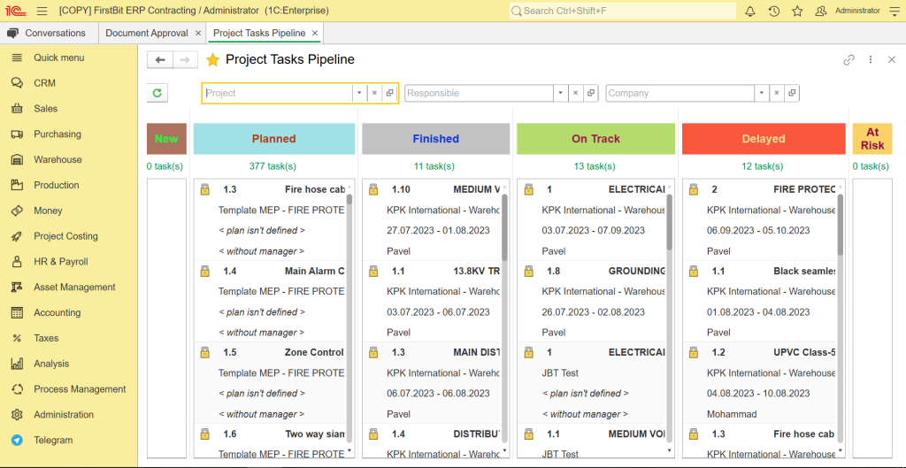 FirstBit ERP Project Tasks Pipeline showing task responsibilities, deadlines, and progress statuses 