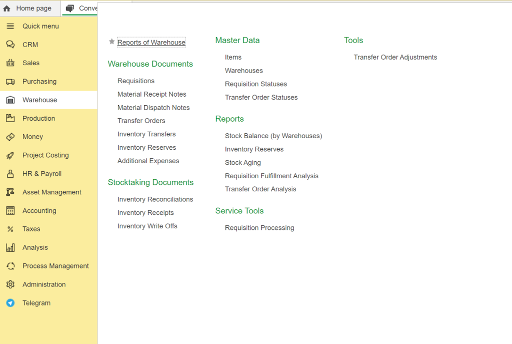Warehouse management menu ERP