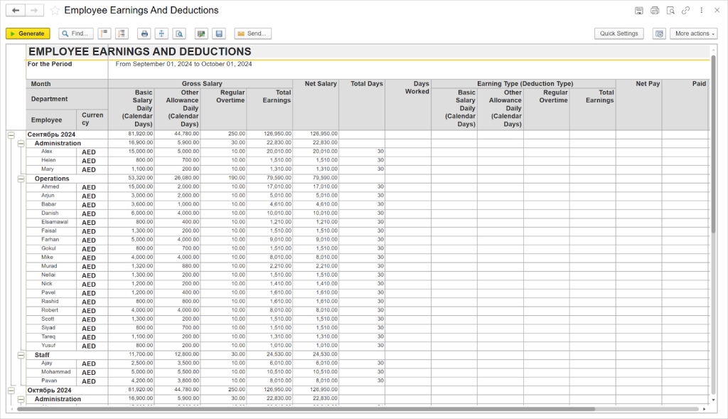 Payroll run: earnings, overtime, deductions, and net salary in FirstBit ERP