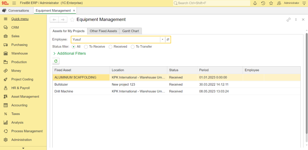 Equipment Management in FirstBit ERP