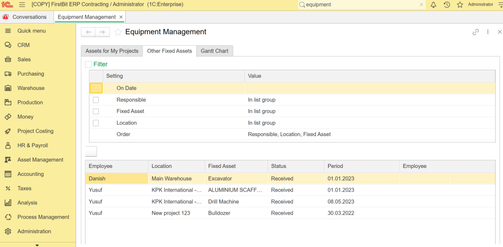 Equipment management in FirstBit ERP Contracting 
