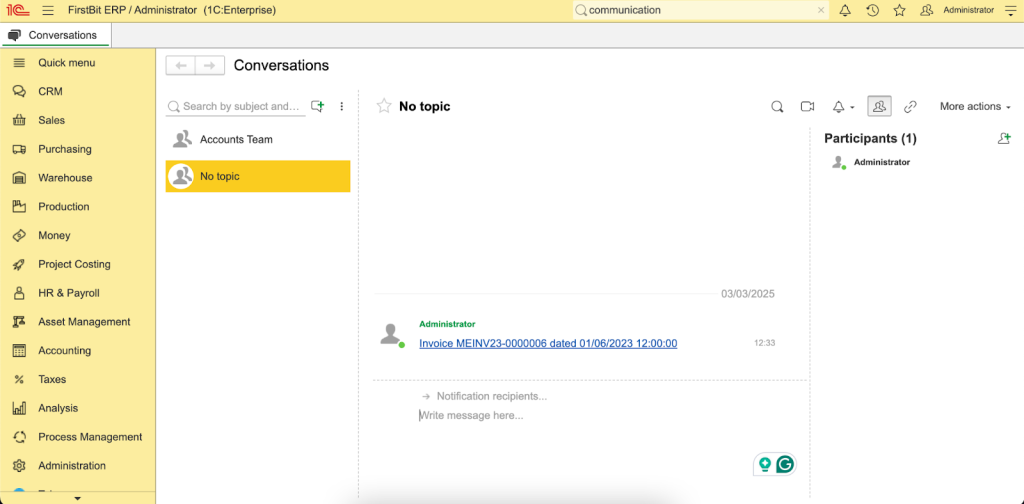Communications feature in FirstBit ERP
