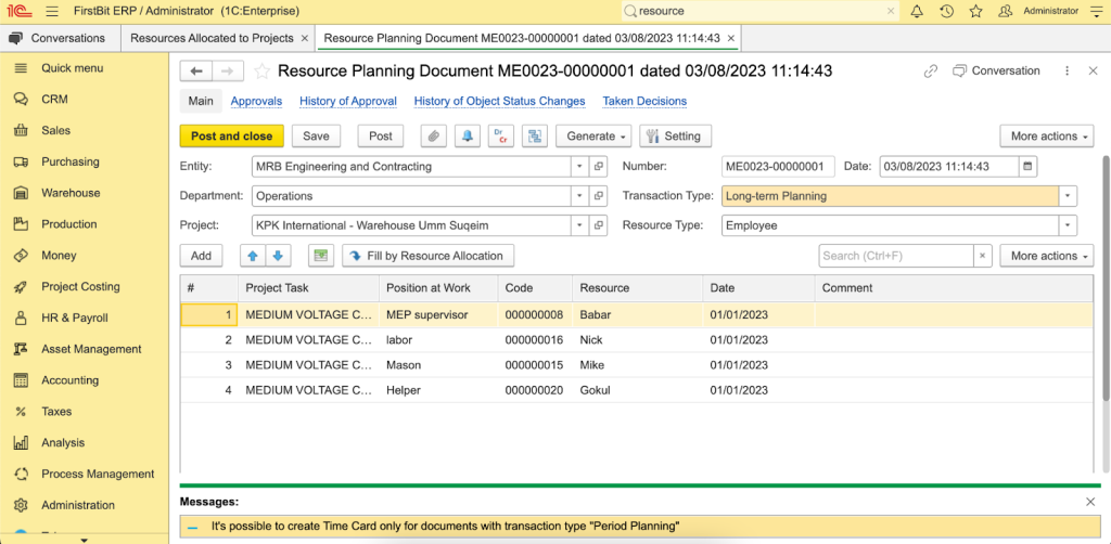 Resource planning document in FirstBit ERP helps manage resources
