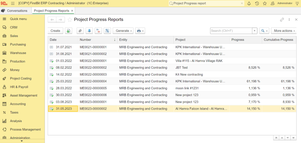 Project progress reports in FirstBit ERP