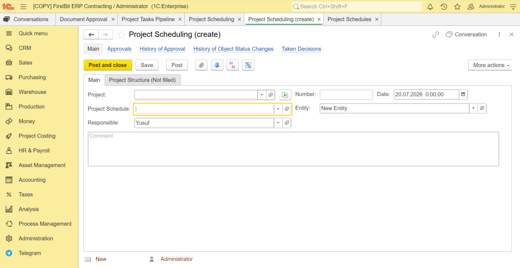 FirstBit ERP provides approval histories, status-change records, attachments, and responsible-person assignment 