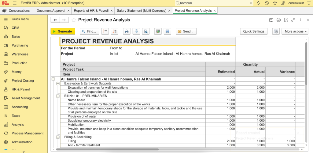 Project revenue analysis report in FirstBit ERP