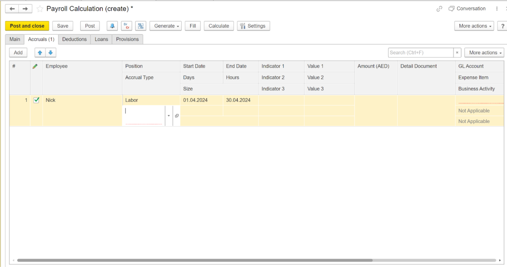 Payroll Calculation (create) in First Bit ERP