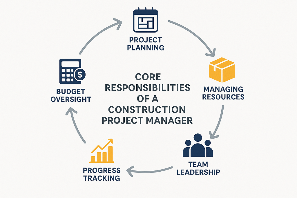 An infographic showing the core responsibilities of a construction project manager