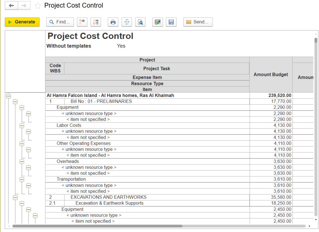 Project cost control report in FirstBit ERP